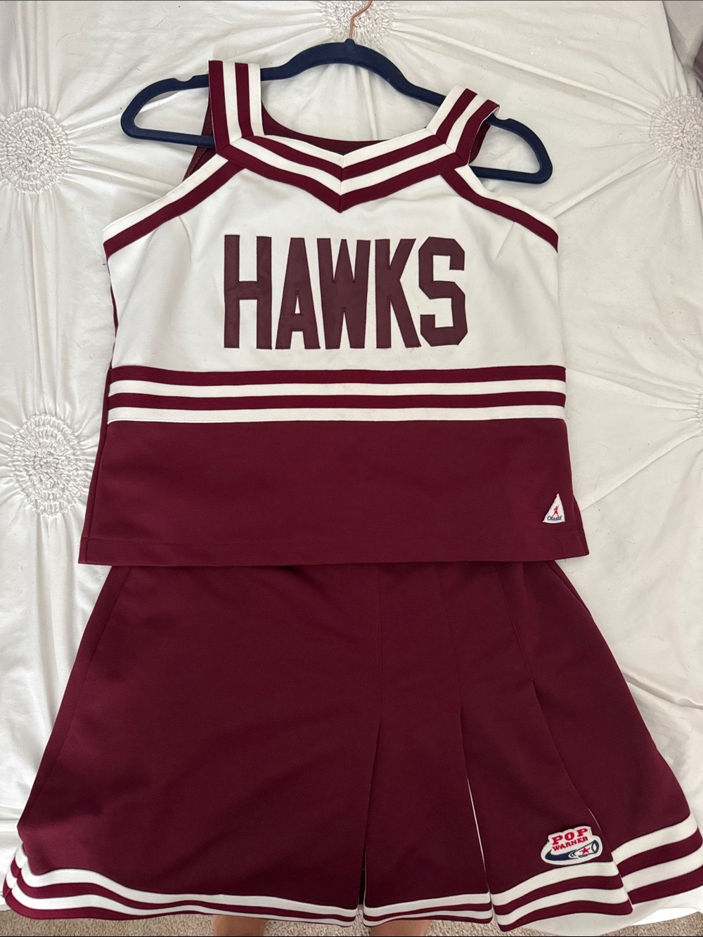 HAWKS Girls Maroon and White Cheerleader Set - Two-Piece Top & Skirt